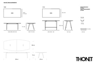 Technische tekening THONET vergadertafels en tafelbasis met afmetingen: rechthoekige en ovale modellen (1500, 1510), hoogte 7