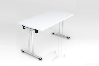 Witte kantafel met zilverkleurig aluminium onderstel en zwarte afwerkingen, rechthoekig blad, staande positie.