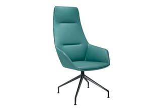 Draaibare stoel met turquoise bekleding, hoge rugleuning en zwart metalen stervoet.