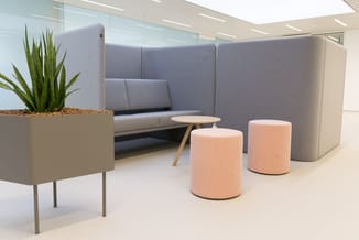 Moderne kantoorinrichting met grijze akoestische bank met hoge rug, twee roze poefzitjes, houten bijzettafel, beige plantenba