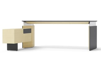Modern bureau met natuurlijk hout en donkergrijs metaal, links met kastunit en laden, rechts met voetsteun.