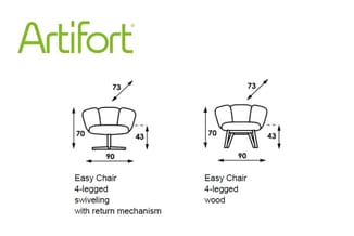 Artifort Easy Chair 4-legged: twee uitvoeringen met draaizwenkmechanisme (links) en houten poten (rechts). Afmetingen: 90x70