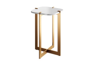 Staande bijzettafel met wit blad en houten kruispoten in natuurtint, op witte achtergrond.