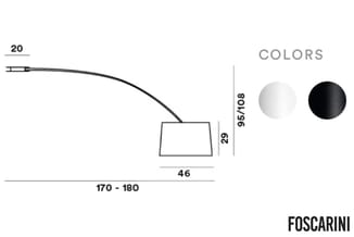 Foscarini boogverlichtingsarmatuur, dimensionstekening met maten (20, 29, 46, 95/108, 170-180 cm), beschikbaar in wit en zwar