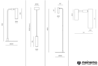 Technische tekeningen van vier hanglampen met verschillende diameters (Ø44, Ø45, Ø100, Ø300) en hoogtes (170-3000mm), inclusi
