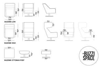 Technische tekeningen van Buzzime-meubelserie met afmetingen: stoelen, ottomans en poef in voor- en zijaanzicht met hoogte-,