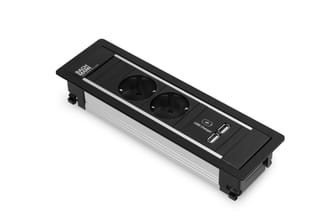 Zwart bureaustekkerdoos met twee stopcontacten, twee USB-poorten en zilverkleurige aluminium afwerking.