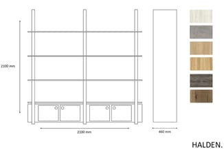 HALDEN kastenwand, 2100x2100mm, 6 vakken, onderdeels met deuren en hengsels, materiaalstalen rechterzijde.