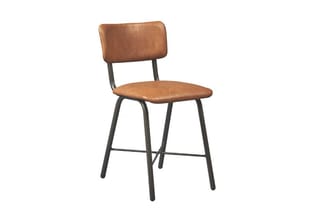 Barkruk met bruin lederen zitting en rugleuning, zwart metalen frame, voetsteun.