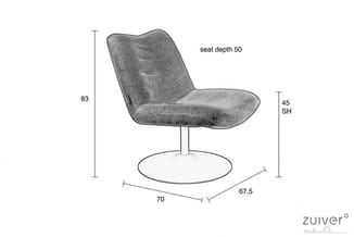 Grijze draaibare fauteuil met voetenkruis, technische tekening met afmetingen: hoogte 83cm, zithoogte 45cm, zitdiepte 50cm, v