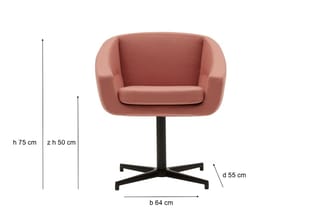 Roze gestoffeerde loungestoel met zwart metalen kruispoot. Afmetingen: hoogte 75 cm, zithoogte 50 cm, breedte 64 cm, diepte 5