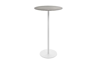 Ronde staantafel met grijs blad en wit onderstel, centrale poot op rond voetplaat.