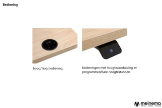 Twee bedieningsopties voor elektrisch verstelbaar bureau: rotary dial in houten tafelblad en zwart bedieningspaneel met displ