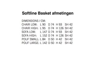 Softline Basket afmetingen in cm: chair low/high, sofa low/high, pouf small/large met lengte, diepte, hoogte en zithoogte.
