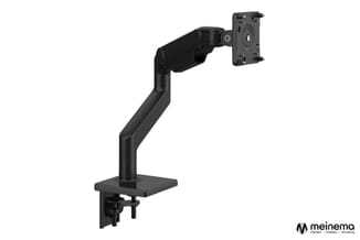 Zwarte monitorarm met uitkragende beugel, bureaubevestiging en verstelbare houder voor tablet of smartphone.