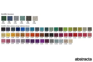 Kleurstalen van Blazer-stofsoorten: standaardkleuren (groen, blauw, grijs, turquoise, bruin, beige) en uitgebreide kleurkeuze
