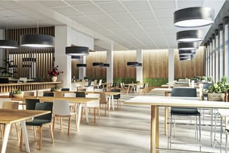 Modern open kantoorlandschap met houten tafels, zwarte hangende lampen, witte plafondpanelen, houten wandafscheidingen en div