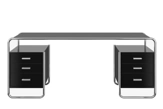 Zwart bureau met grijs werkblad en twee zijkanten met elk drie laden, chromen frame, frontale weergave.