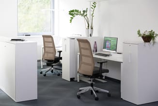 Modern kantoor met twee witte bureaus, beige mesh-stoelen, computer, groene planten en raam met natuurlicht.