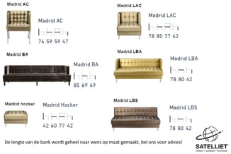 Madrid-stoelencollectie met zes modellen: AC-stoel, LAC-zitbank, BA-bank in zwart, LBA-sofa, Hocker-poef en LBS-bed. Afmeting