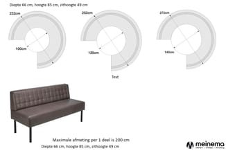 Bruine leren bank met geploofd rugleuning en zwarte poten. Afmetingen: diepte 66cm, hoogte 85cm, zithoogte 49cm. Maximale afm