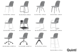 Collectie Quinti-stoelen in grijs: verschillende modellen met vier- en vijfpoot onderstel, kantelstoelen, barstoel, met afmet