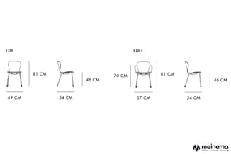 Technische tekening van twee stoelmodellen (S 220 en S 220 F) met afmetingen: zithoogte 81 cm, zitdiepte 49-57 cm, rugbreedte