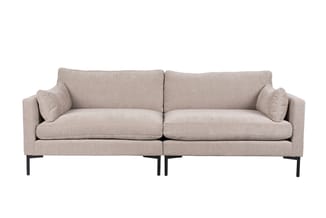 Grijsbeige loungebank met twee zitplaatsen, twee kussens, zwarte metalen poten, moderne rechte vorm.