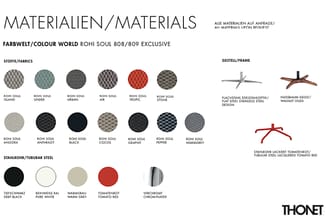 Materiaalpalette Rohi Soul 808/809 Exclusive: stoffen in verschillende kleuren en structuren, stalen buizenframes en houten o
