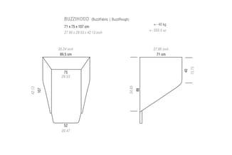 BUZZIHOOD akoestische cabine, technische tekeningen met afmetingen en gewicht (40 kg), beschikbaar in BuzziFabric en BuzziRou