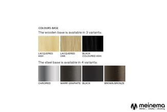 Houten en stalen voetopties: lacquered ash, lacquered oak, black ash, chromed, warm graphite, black en brown bronze.