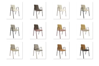 Overzicht van 12 varianten kantoor-/vergaderstoelen met armleuningen in verschillende kleuren (crème, zwart, groen, bruin) en