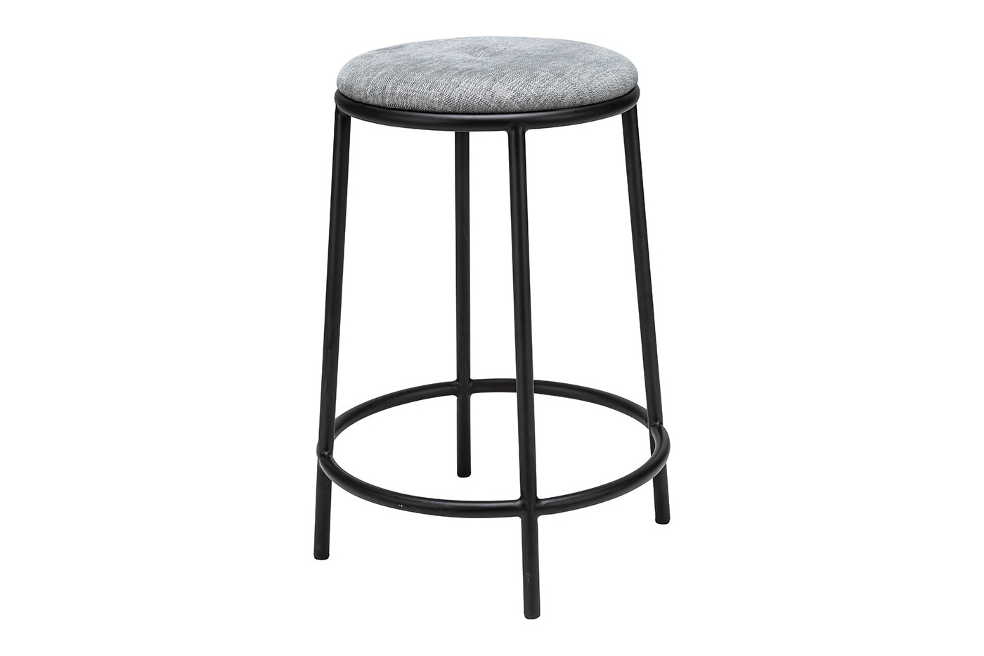 Barkruk met zwart metalen frame, ronde grijze gestoffeerde zitting en voetsteun.