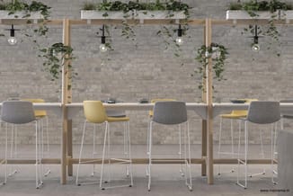 Moderne kantoorbar met houten frames, witte werkbladen, grijze en gele barkrukken met witte poten, hangende groene planten en