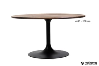 Ronde tafel met houten blad in donkere houtnerf en zwart conisch voetsteun, diameter 80-160 cm.