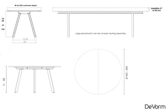 Technische tekening vergadertafel rond 160-250cm diameter, hoogte 74-110cm, met verstelbare poten, DeVorm-merk.