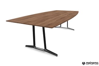 Vergadertafel met walnotenhouten blad en zwart metalen onderstel, bootopiaanse vorm.