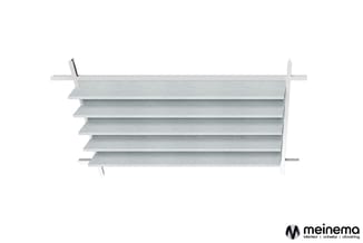 Horizontale jaloeziën met grijze lamellen en witte zijsteunen, perspectief weergave.