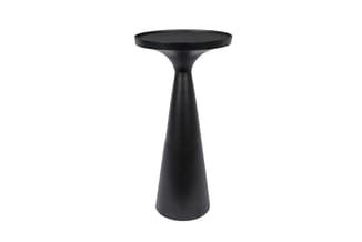 Zwarte staande bijzettafel met conische voet en ronde tafelblad, modern design.