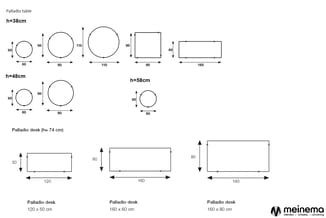 Palladio tafel- en bureaumodellen met afmetingen. Tafels in rond en rechthoekig design, bureaus in drie formaten (120x50cm, 1