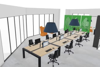 Modern open kantoor met lange houten bureautafel, zwarte bureaustoel, donkerblauwe hanglampen, groene akoestische wandpanelen
