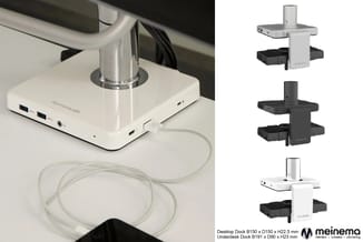 Witte en zwarte kabelorganizers voor bureaublad met USB-poorten, in verschillende uitvoeringen en afmetingen.
