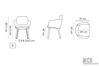 Technische tekening van stoel B met afmetingen: zithoogte 63,5 cm, totale hoogte 83,5 cm, zitdiepte 47 cm, zitbreedte 57 cm,