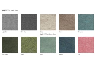 LJ 2 PET Felt Stack Chair kleurenpalette: 10 viltopties in grijs, beige, bruin, turquoise, groen, olijf, marineblauw en roze.