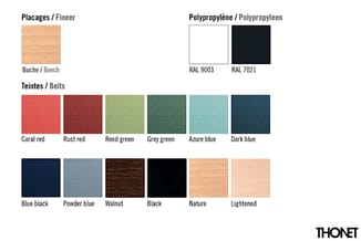 Kleurenpalette met houtsoort Beuken, polypropyleenkleuren (RAL 9003 wit, RAL 7021 zwart) en teintes in rood, groen, blauw, br