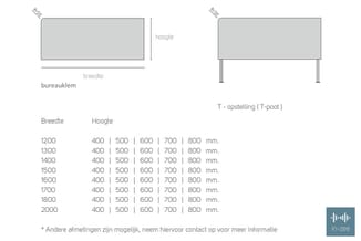 Bureauklem en T-opstelling met afmetingen. Tabel met breedte (1200-2000 mm) en hoogte (400-800 mm) opties.