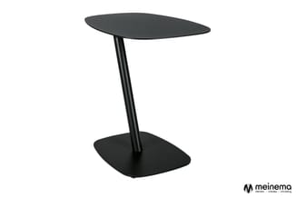 Zwarte bijzettafel met ovaal blad en vierkante voet, minimalistische design met centrale metalen paal.