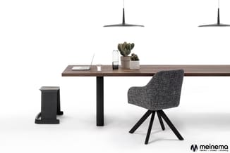 Werkplek met grijs houten tafel, zwart onderstel, grijze draaibare stoel met zwarte poten, zwarte prullenbak, potplanten, lap