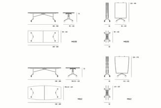Technische tekeningen van twee uitvoerbare vergadertafels met wielen. Boventafel 180-300cm breed, ondertafel 180-280cm breed.