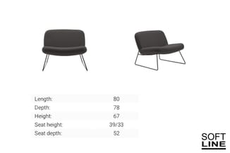 Twee donkergrijze loungestoelen van Soft Line met metalen poten, weergegeven van opzij. Afmetingen: lengte 80cm, diepte 78cm,